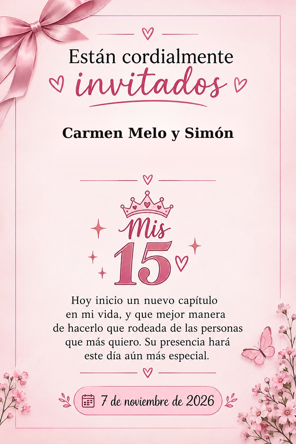 Tarjeta de invitación para Carmen Melo y Simón