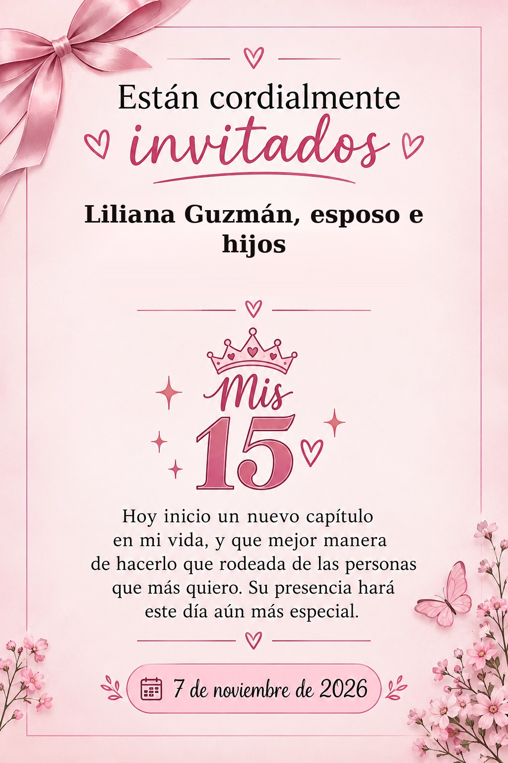 Tarjeta de invitación para Liliana Guzmán, esposo e hijos